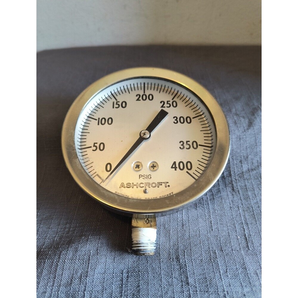 Vintage Ashcroft 400PSI Test Gauge 4" Face PSIG Bronze Tube Brass Socket silver